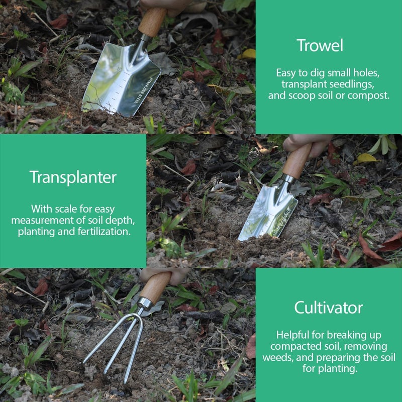 LeMotech Garden Tool Set, 3Pcs Stainless Steel Heavy Duty Gardening Kit Including Trowel Transplanter Cultivator Gardening Hand Tools with Handle, Planting Tool for Women Men - Image 3